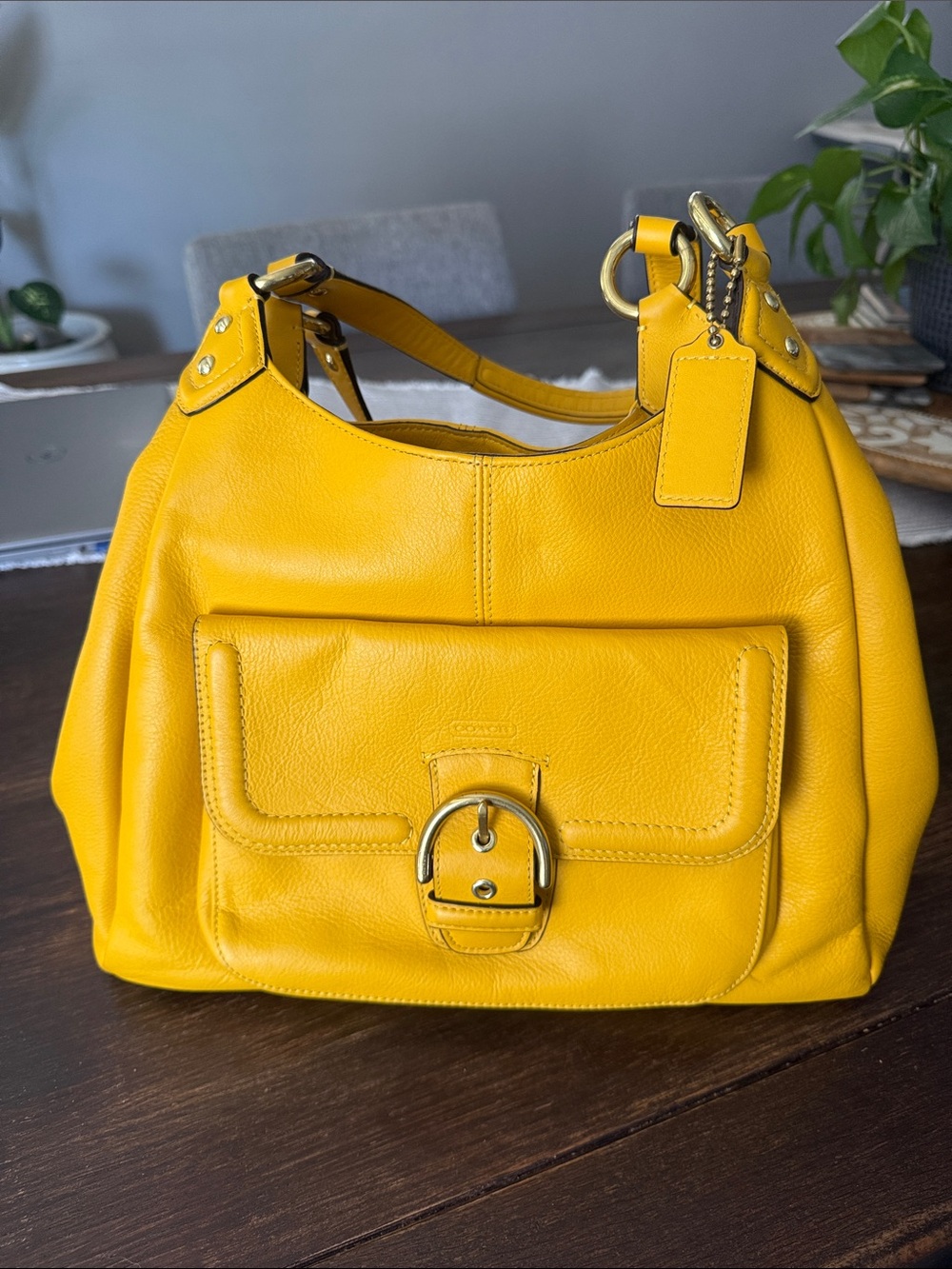 Yellow Leather Shoulder Bag with Front Pocket